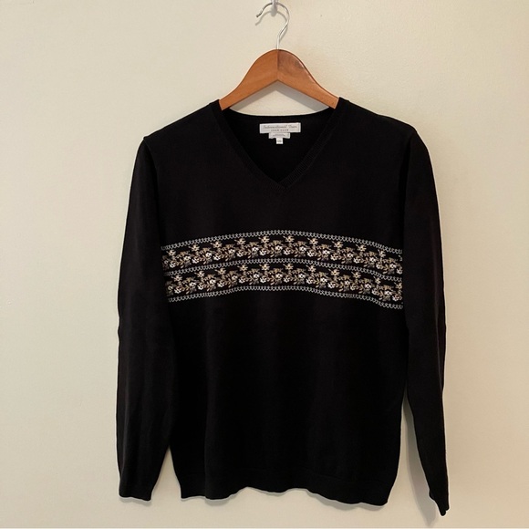 VTG Women’s Izod Black Fair Isle Floral  Vneck Sweater 100% Cotton Sz. L Cottage - Picture 1 of 5